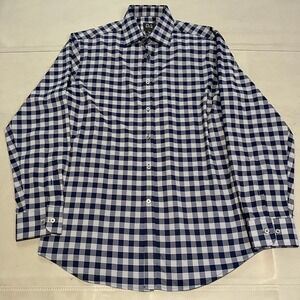 Jos A Bank Traveler Tailored‎ Men Dress Shirt M Navy Gingham Plaid Commuter-3794